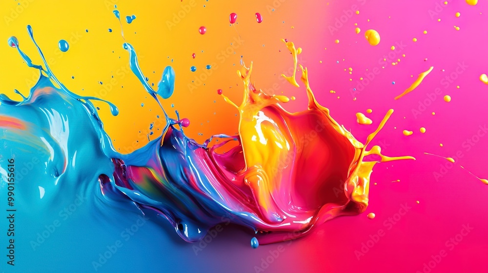 Poster bright abstract background with splashes of colorful paint on gradient surface