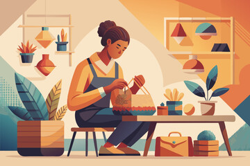 Young Woman Crafting Handmade Basket at Home