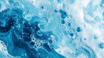Acrylic ink water. Sea foam. Cyan blue ocean wave with white bubbles effect. Color gradient paint splash design. Smeared streak abstract pattern. Marble texture art background 