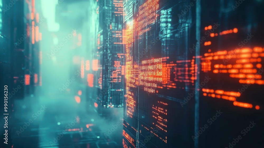 Poster futuristic digital landscape with glowing data streams and fog in a technology-driven environment