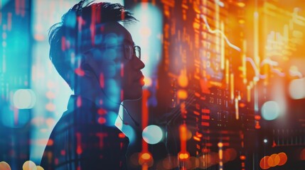 Fototapeta premium A young man analyzes data on computer screens in a high-tech environment during the night