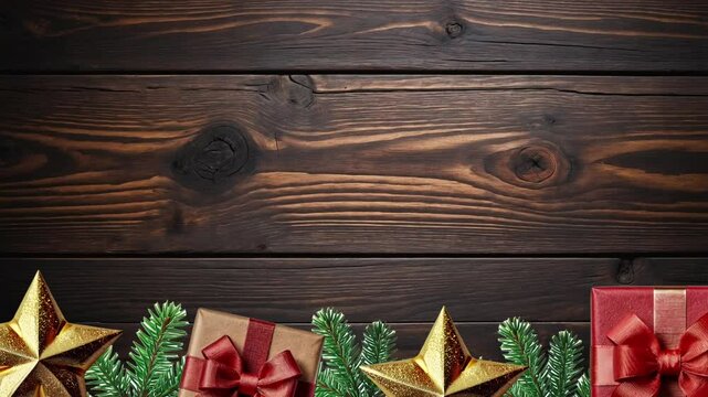 Dark wood texture Christmas background, with simple animations of Christmas gifts, pine leaves and stars. 