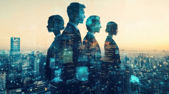 Silhouettes of business professionals against a vibrant city skyline at dusk with digital elements reflecting innovation