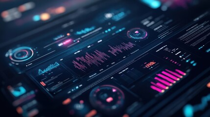 Futuristic data visualization dashboard displaying analytics and metrics at night with vibrant neon colors and sleek design