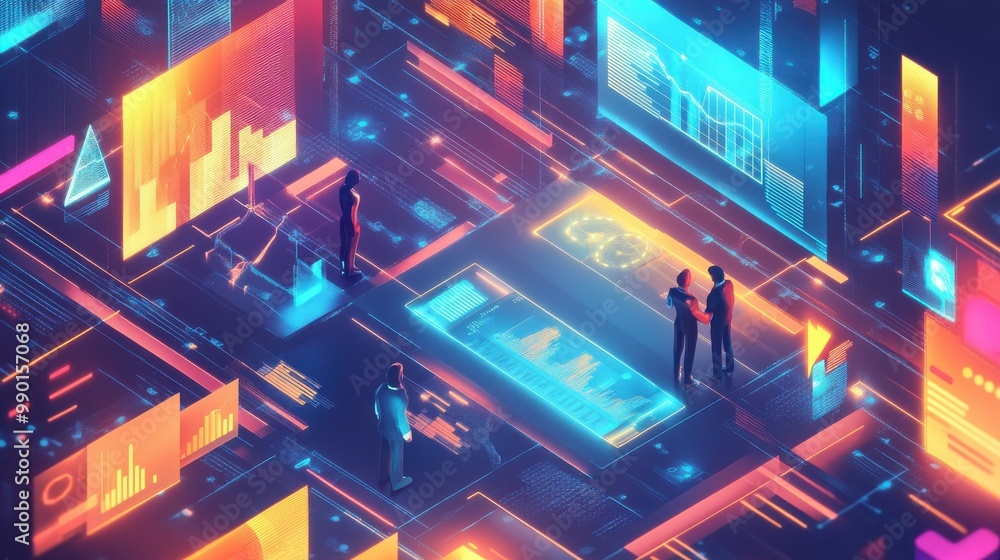 Aufkleber futuristic digital workspace with luminous data displays and engaged professionals analyzing informa