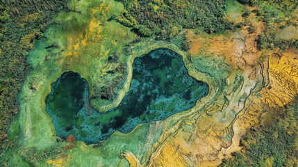 Naklejka premium Aerial view of vibrant, natural landscape featuring unique, irregularly shaped lake surrounded by lush greenery and colorful terrain. scene evokes sense of tranquility and connection to nature