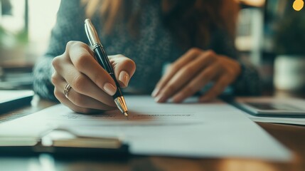 A woman writes in a cozy workspace, pen in hand, focused and illuminated by natural light