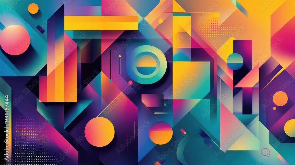 Poster colorful abstract shapes and patterns create a vibrant visual experience filled with geometric desig