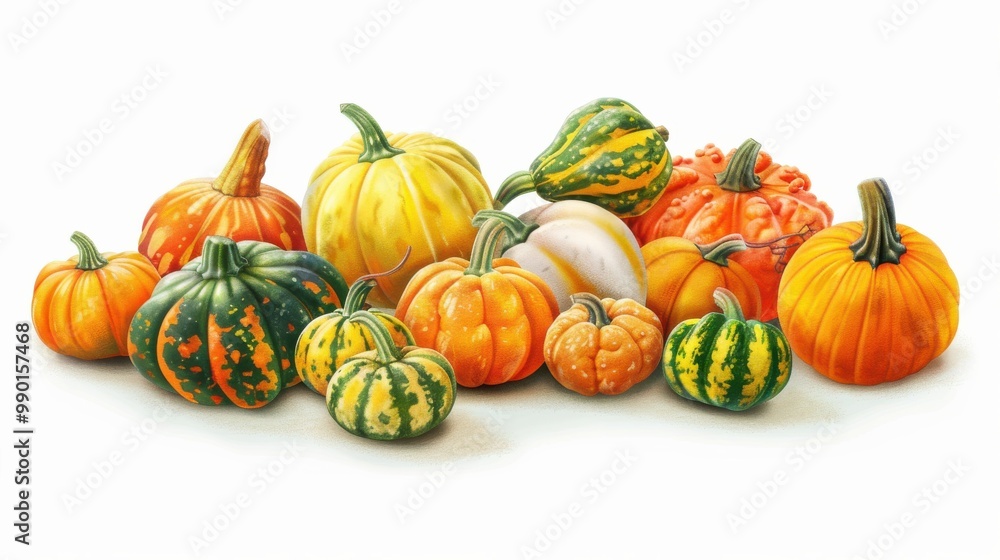 Poster a bunch of different colored pumpkins are arranged in a row
