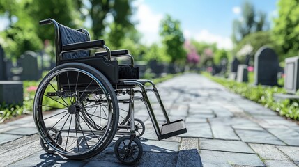 Poignant 3D Rendering of a Wheelchair in a Cemetery