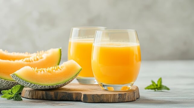Two glasses of freshly squeezed cantaloupe juice served with cantaloupe slices on a rustic wooden board. Perfect for a healthy and delicious summer drink.