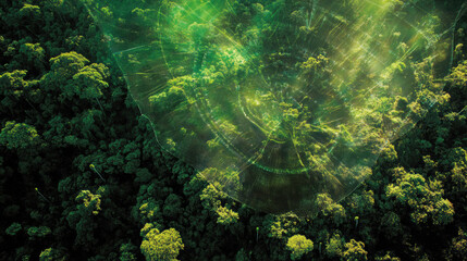 Fototapeta premium Aerial view of dense forest with radar technology mapping area, showcasing vibrant green trees and advanced technology. scene reflects harmony between nature and innovation
