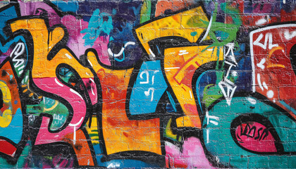 Obraz premium A graffiti-covered urban wall, showcasing vibrant colors, bold lines, and an edgy, artistic vibe