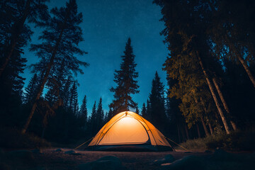 A cozy tent nestled in a quiet forest, with a vast, star-filled sky above