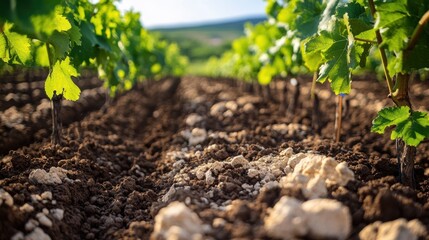 Vineyard rows with lush green grapevines and rich soil under the sun during a warm summer day in an undisturbed landscape