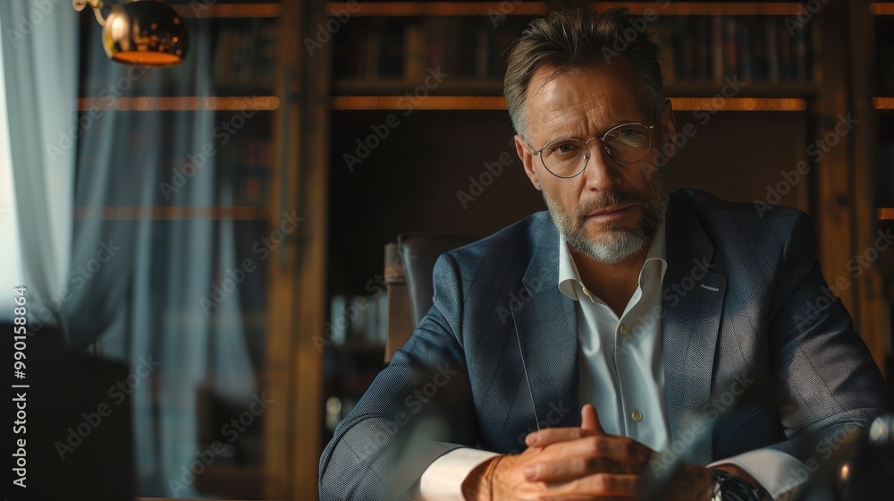Poster professional man in a suit sitting at a desk, deep in thought during a late afternoon meeting in a m