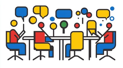 A group of diverse individuals engaged in a collaborative discussion around a large table in a creative workspace