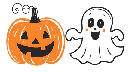 Fototapeta premium A charming sketch of a whimsical pumpkin and ghost. This playful design captures the lighthearted spirit of Halloween, making it perfect for festive decorations, children's art projects