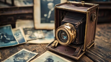 Antique camera with a brass lens, placed on an old wooden table with faded photographs scattered around, nostalgic and vintage aesthetic