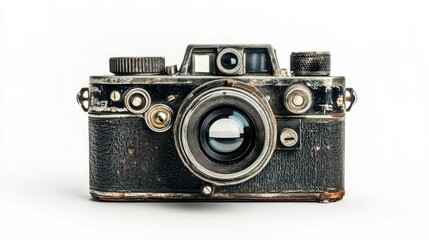 Antique film camera front view, showing a mechanical lens and detailed exterior, isolated on white background, highlighting vintage photography equipment