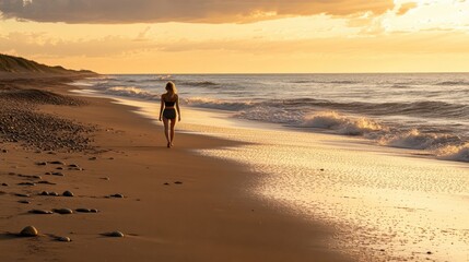 A woman walks along a tranquil beach at sunset, enjoying the serene waves and golden glow along the shore