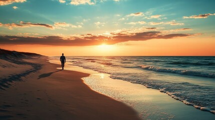 A solitary figure walks along the tranquil shoreline at sunset, with waves gently lapping at the sandy beach in the evening light