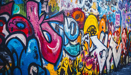 A graffiti-covered urban wall, showcasing vibrant colors, bold lines, and an edgy, artistic vibe