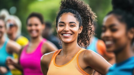Smiling woman in vibrant sportswear leading a fitness class in a sunny park during early morning hours with enthusiastic participants