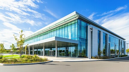 Obraz premium Modern glass office building under clear blue sky with landscaped surroundings in a vibrant urban area