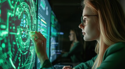 A woman is looking at a computer screen with a green screen