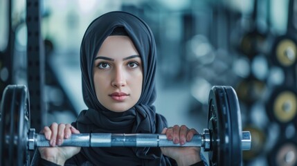 A woman wearing a black scarf is lifting a weight