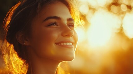 Young woman smiling brightly against a warm sunset backdrop, capturing a moment of joy and serenity in nature