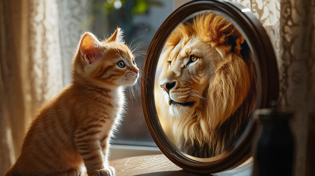 Cat looking at mirror and sees itself as a lion. Self esteem or desire concept.
