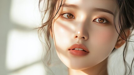 Fototapeta premium Asian woman with glowing, flawless skin and natural makeup, captured in soft light, exuding elegance and simplicity, ideal for beauty and skincare branding.