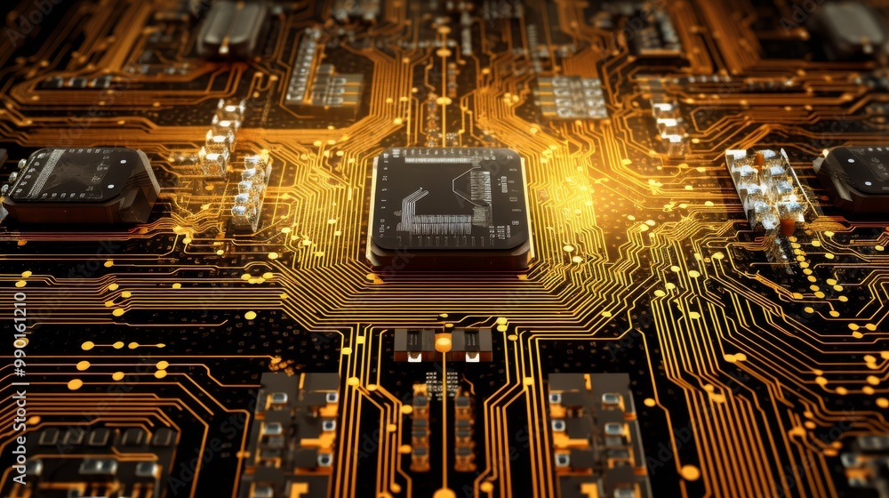 Poster a close up of a computer chip with a yellow background