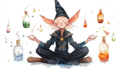 A whimsical elf practicing potion-making in a cozy, magical space with colorful bottles floating around during twilight