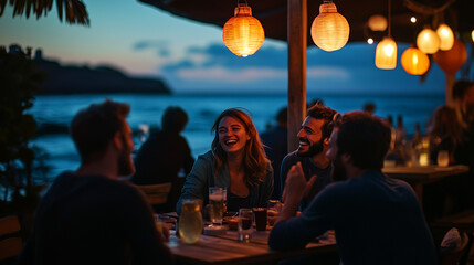 Lively evening gathering at a beachside restaurant with friends enjoying food and drinks