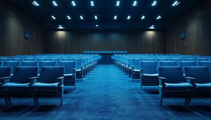 Naklejka premium Empty conference hall with neatly arranged seating in front of a projector screen, ideal for business presentations, training workshops, or film showings, with cool blue lighting setting a calm tone.
