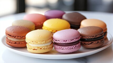 Obraz premium Assorted French macarons presented on a white plate in a Parisian cafa, each vibrant with unique flavors like lemon, lavender, and vanilla. A sweet Parisian indulgence.