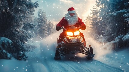 Naklejka premium Authentic Santa Claus on a snowmobile, zooming through a forest blanketed in snow. The magnificent winter landscape glows with festive magic.