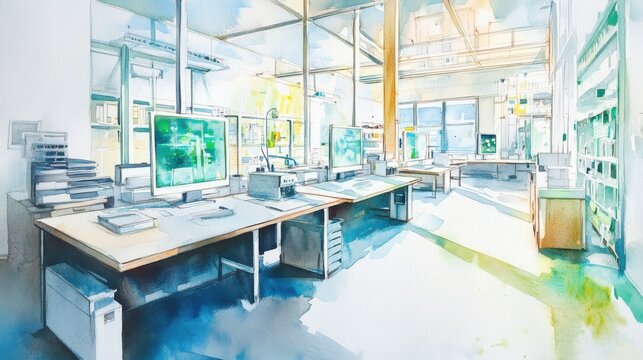 Bright and airy modern workspace showcasing multiple computer stations and collaborative areas during daylight hours