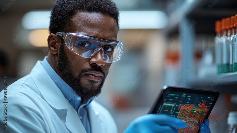 Poster scientist analyzing data in a laboratory