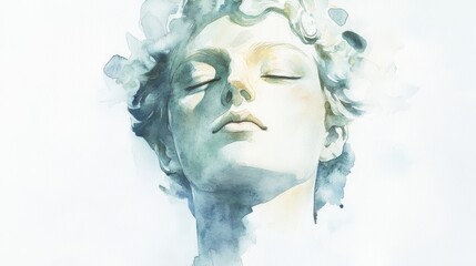 A serene sculptural bust with soft features emerges from a misty background in a tranquil artistic expression