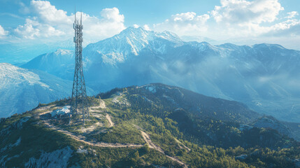 Obraz premium radar signal tower stands tall on mountain peak, surrounded by breathtaking views of snow capped mountains and lush greenery. scene captures beauty of nature and technology harmoniously