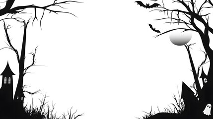 Simple Halloween frame featuring a haunted house silhouette, glowing moon, and playful ghosts. Perfect for seasonal decorations or festive invitations, blending traditional Halloween themes