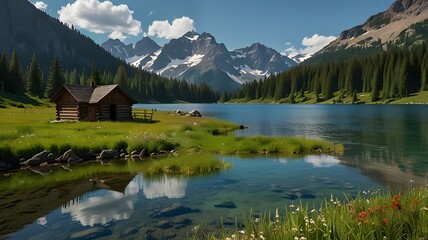 Fototapeta premium Mountain lake with a wooden house in the foreground. Lake in the mountains generated by AI