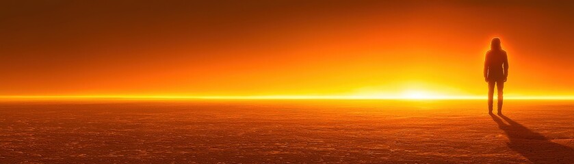 Obraz premium Lone Traveler in 3D Rendering at Sunset Horizon