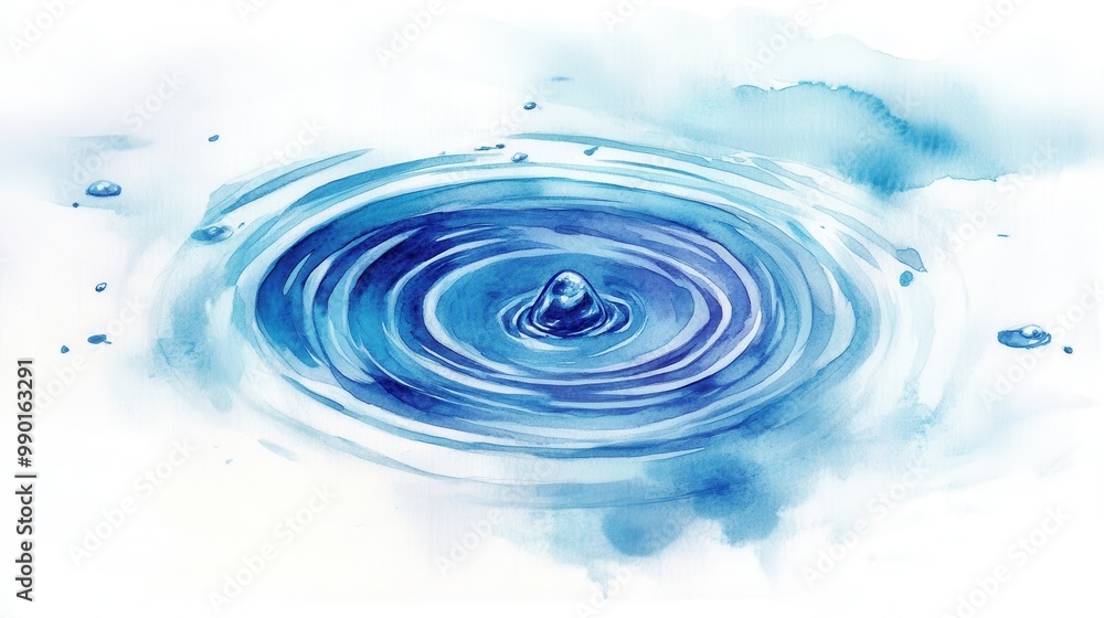 Poster ripples form in a tranquil water surface after a single droplet disrupts the stillness on a sunny da