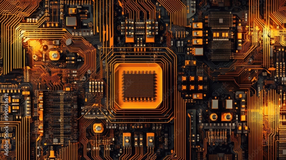 Poster a close up of a computer chip with a yellowish color