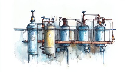 Industrial water filtration system with multiple pressure tanks and pipes illustrated in vibrant colors and details